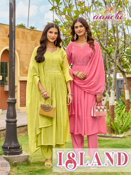 Island By Aanchi Mul Chanderi Embroidery Kurti With Bottom Dupatta 
